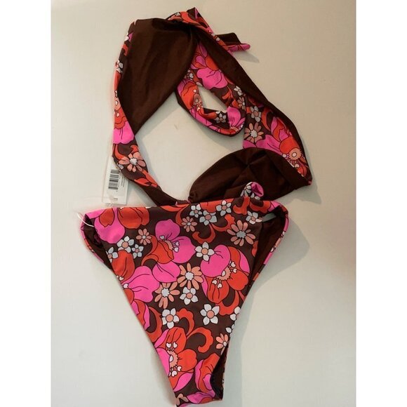 Frankies Bikinis Dorothy One Piece Size S NWT Tropics HalterFloral Pink Brown - Picture 5 of 6